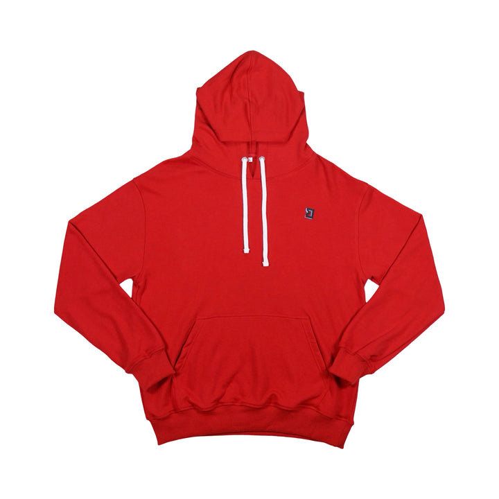 Red loopback terrycloth hoodie with logo on white background