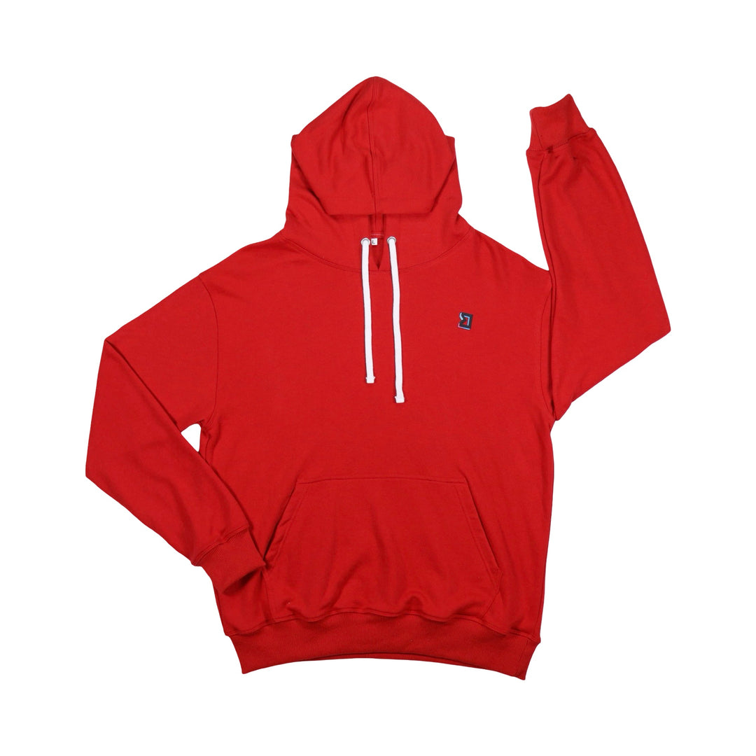Red loopback terrycloth hoodie with logo on white background