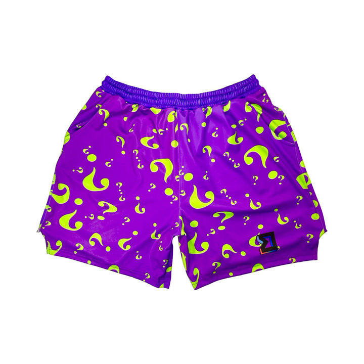 Purple shorts with green question mark pattern on a white background