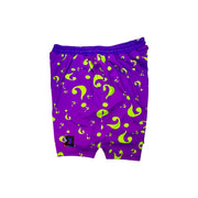 Purple shorts with green question mark pattern on a white background