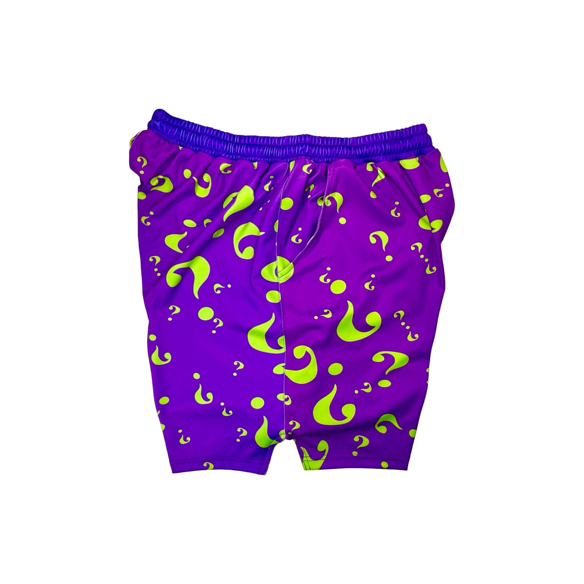 Purple shorts with green question marks on a white background