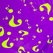 Purple fabric with green question marks and droplets