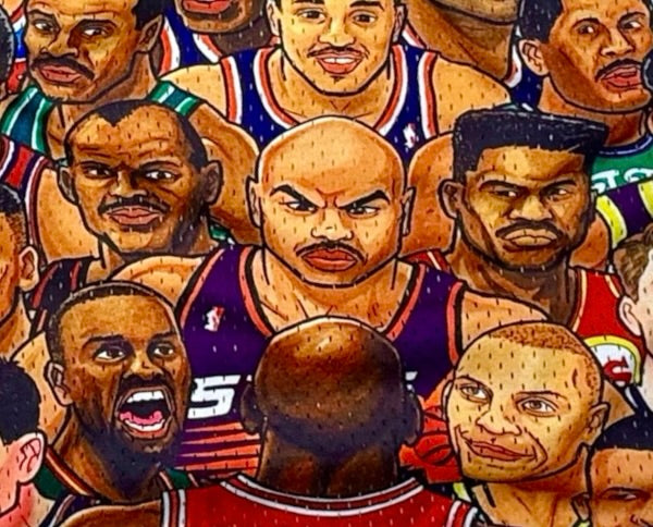 Colorful mesh shorts with MJs rivals players faces from his era texture closeup