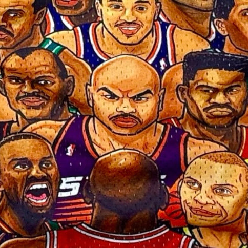 Colorful mesh shorts with MJs rivals players faces from his era texture closeup