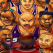 Colorful mesh shorts with MJs rivals players faces from his era texture closeup