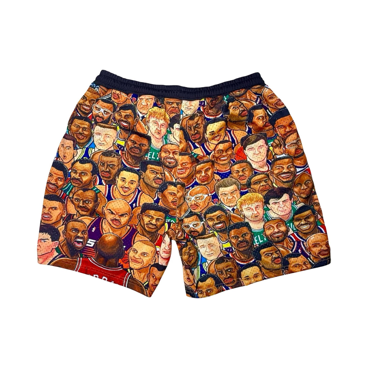 Colorful mesh shorts with MJs rivals players faces from his era