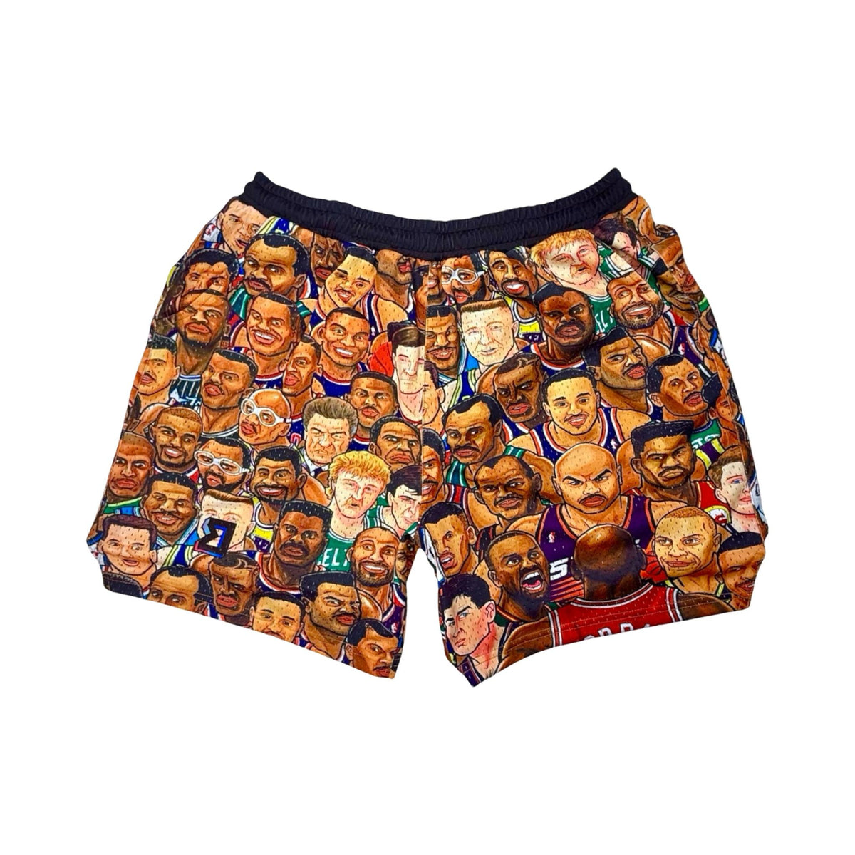 Colorful mesh shorts with MJs rivals players faces from his era
