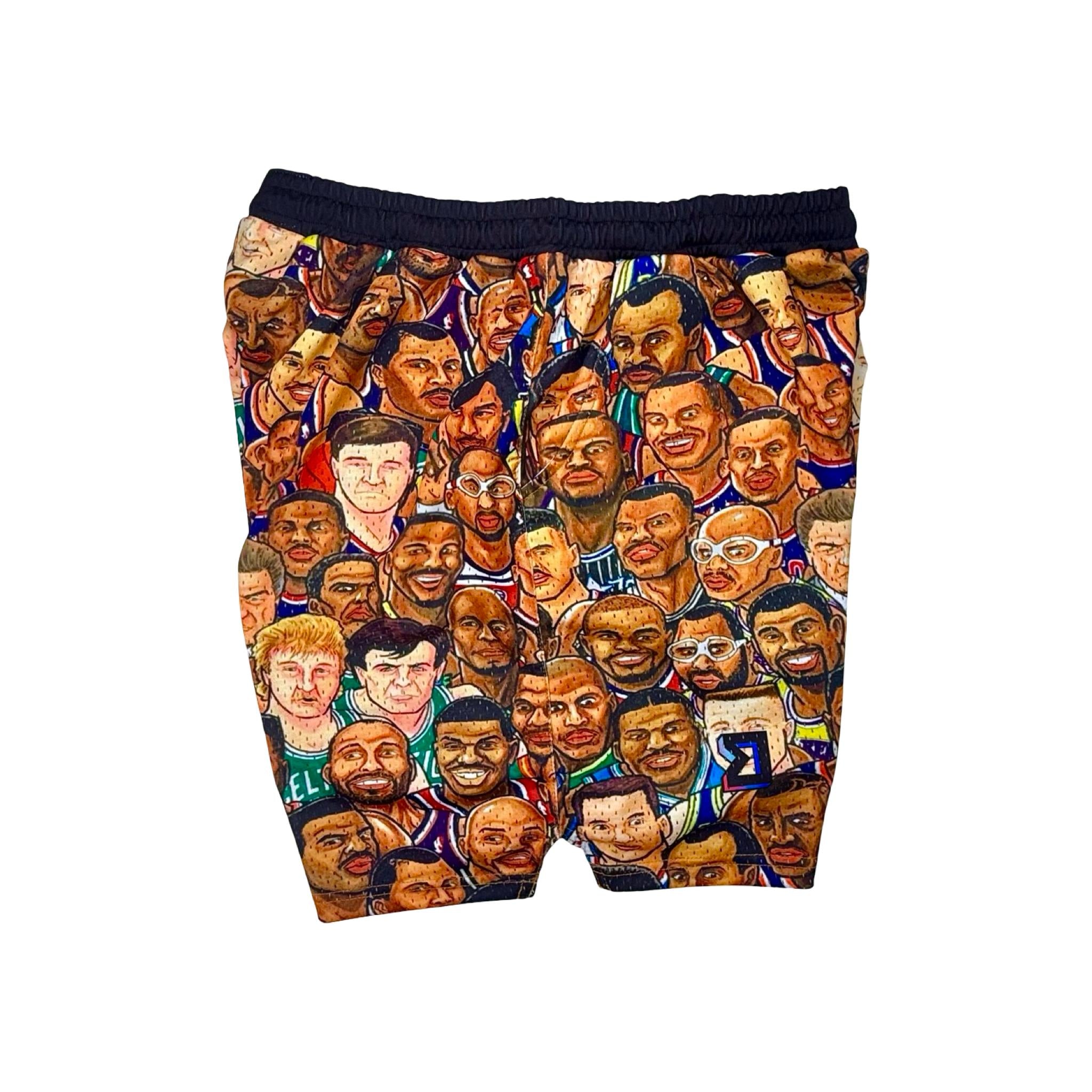 Colorful mesh shorts with MJs rivals players faces from his era