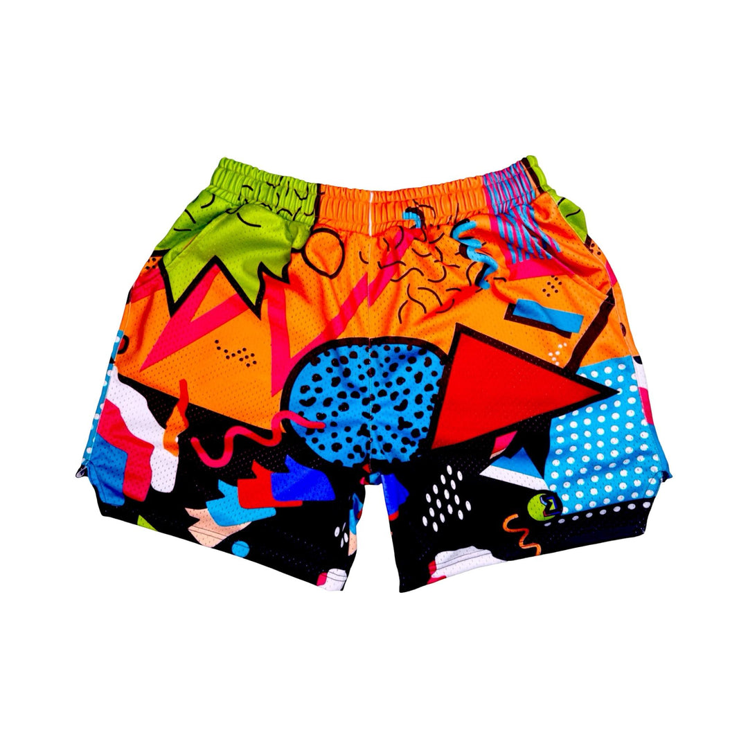 Multicolored 90's themed mesh dry fit basketball shorts with various colorful shapes on a white background