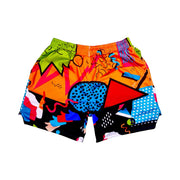 Multicolored 90's themed mesh dry fit basketball shorts with various colorful shapes on a white background