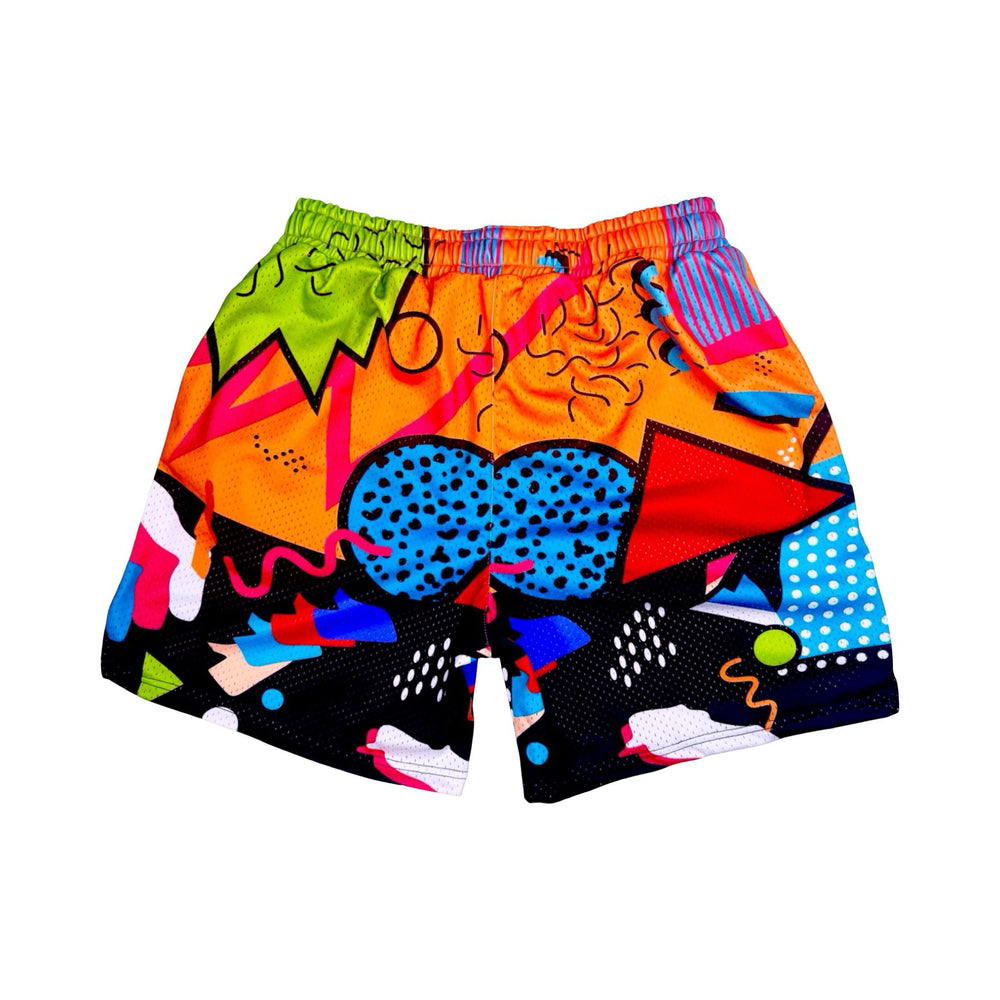Rear view of Multicolored 90's themed mesh dry fit basketball shorts with various colorful shapes on a white background