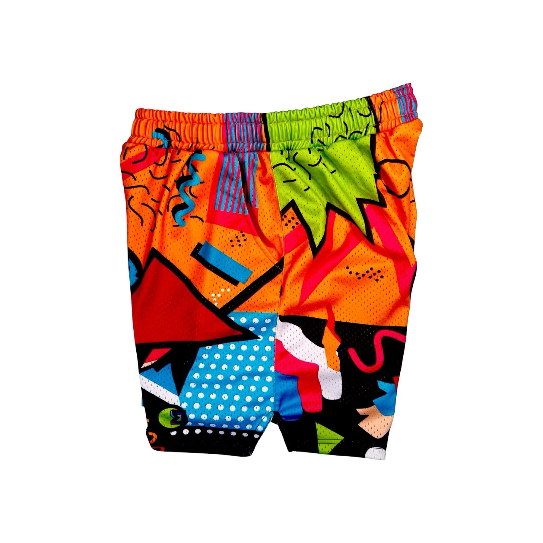Side view of Multicolored 90's themed mesh dry fit basketball shorts with various colorful shapes on a white background