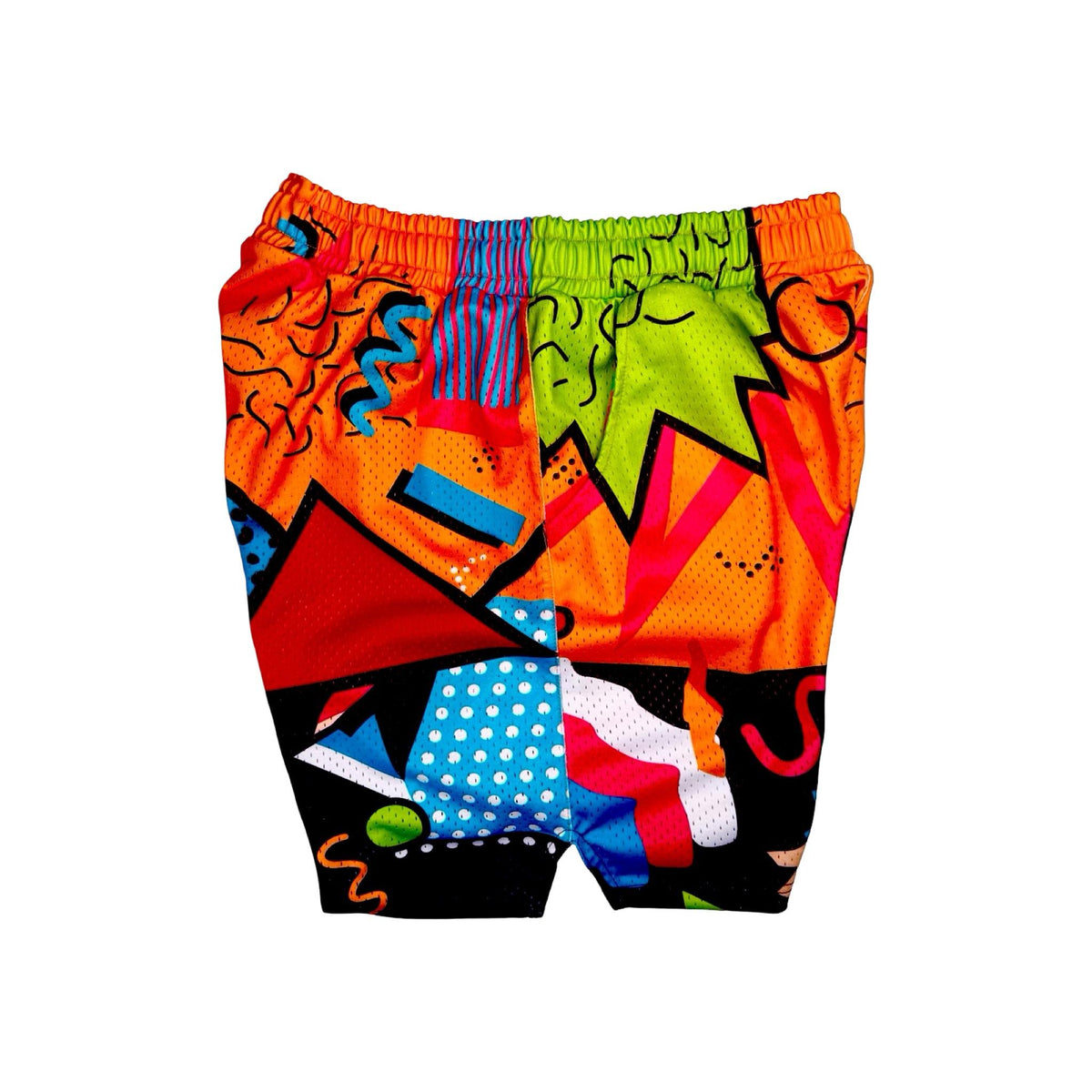 Other side view of Multicolored 90's themed mesh dry fit basketball shorts with various colorful shapes on a white background