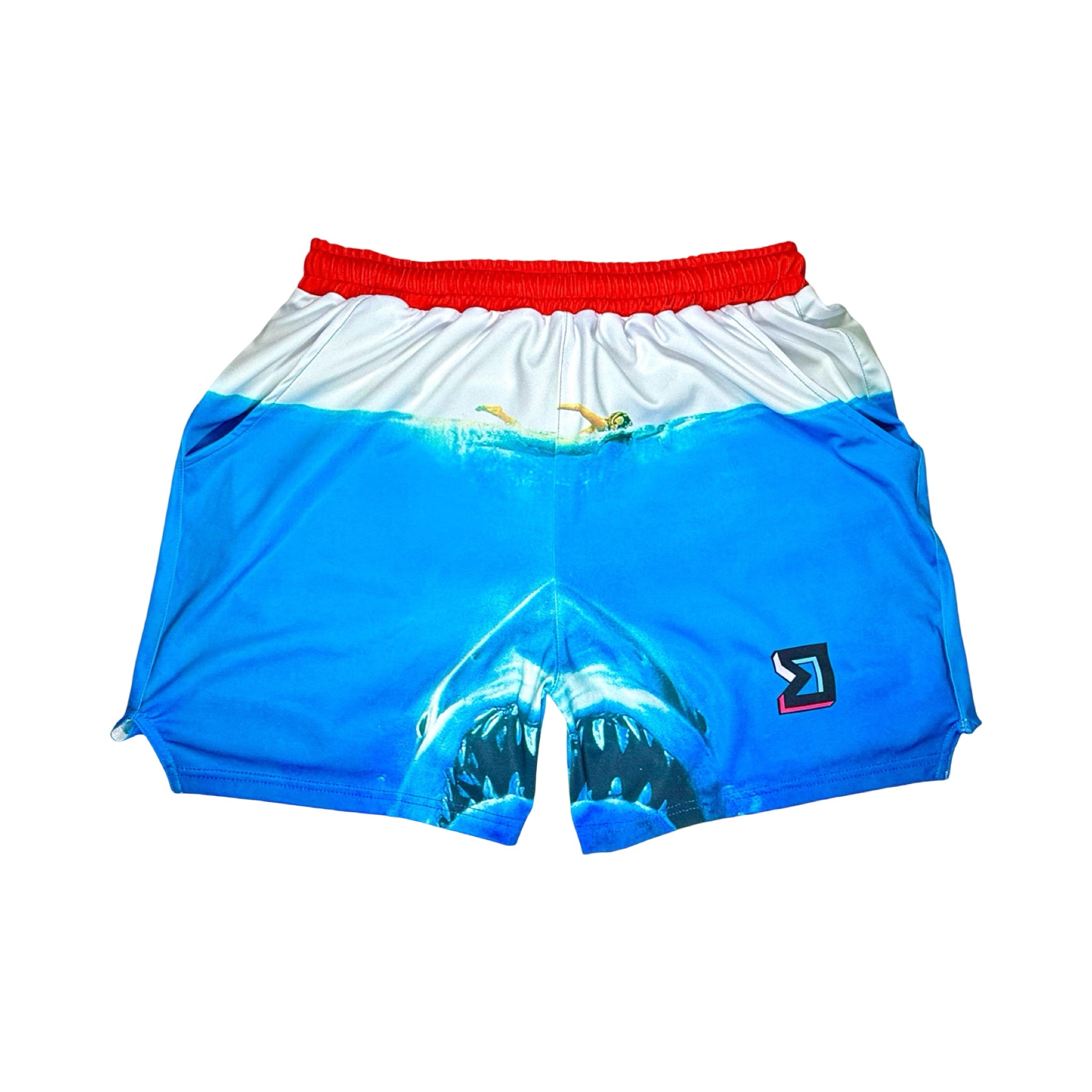 Blue athletic shorts with a red waistband on a white background