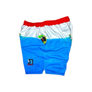 Colorful shorts with a red waistband on a white background