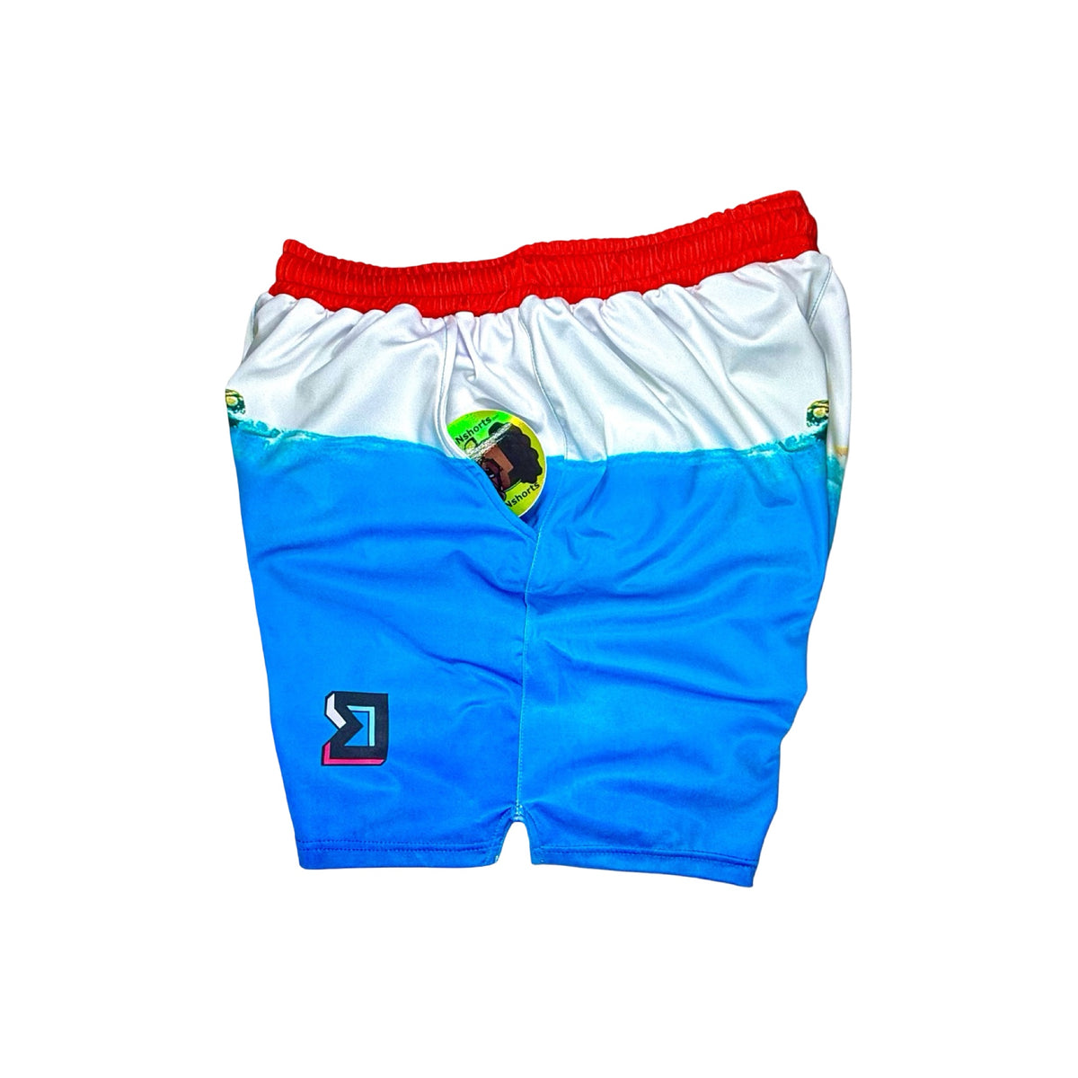 Colorful shorts with a red waistband on a white background