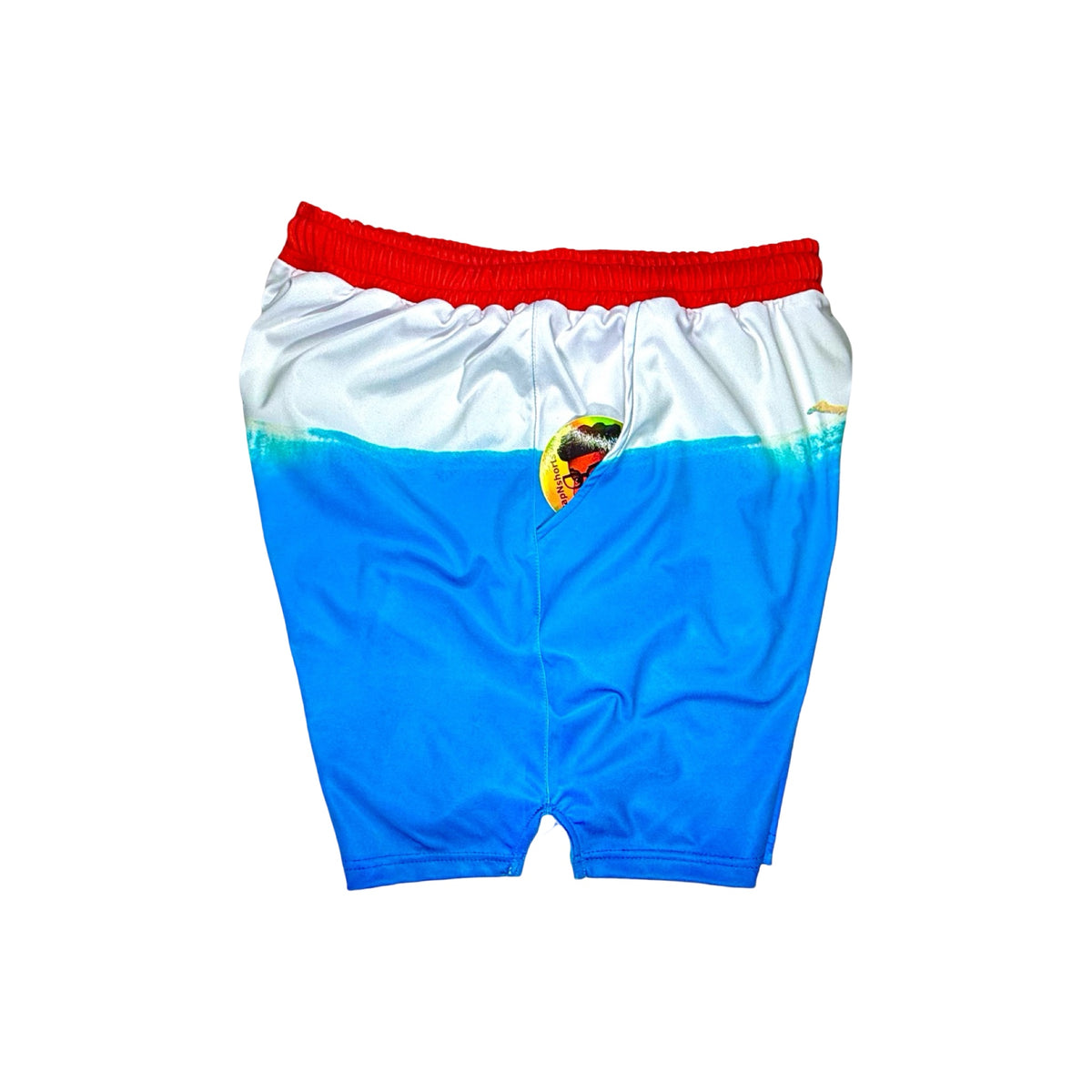 Blue and white shorts with a red waistband on a white background