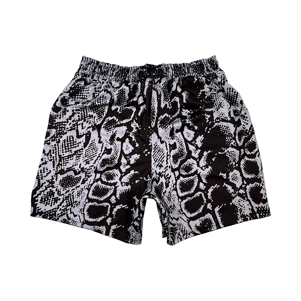 Back side view of Black soft dry fit basketball shorts with silver snakeskin pattern on white background.