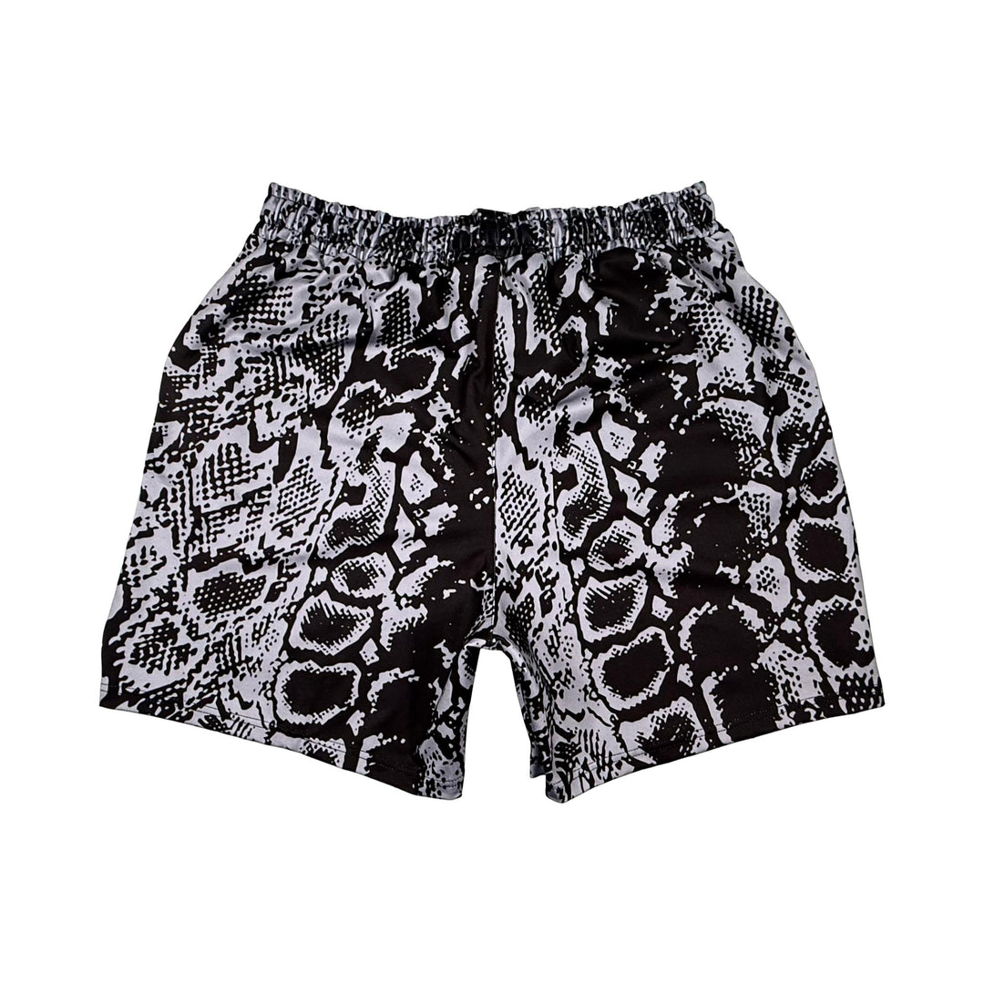 Back side view of Black soft dry fit basketball shorts with silver snakeskin pattern on white background.