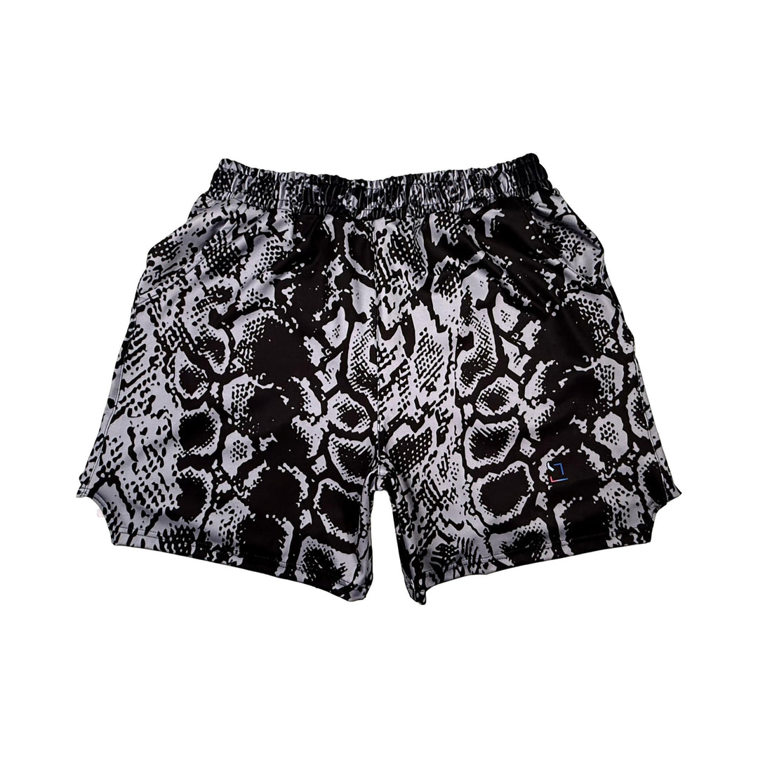 Black soft dry fit basketball shorts with silver snakeskin pattern on white background.