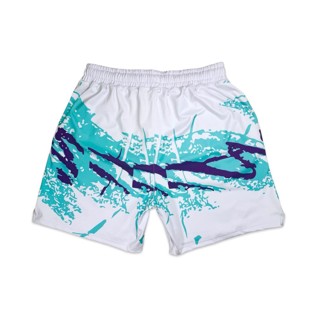 back view of white solo cup art splash soft dry fit basketball shorts on a white background
