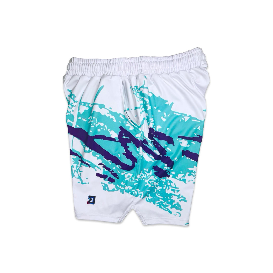 side view of white solo cup art splash soft dry fit basketball shorts on a white background
