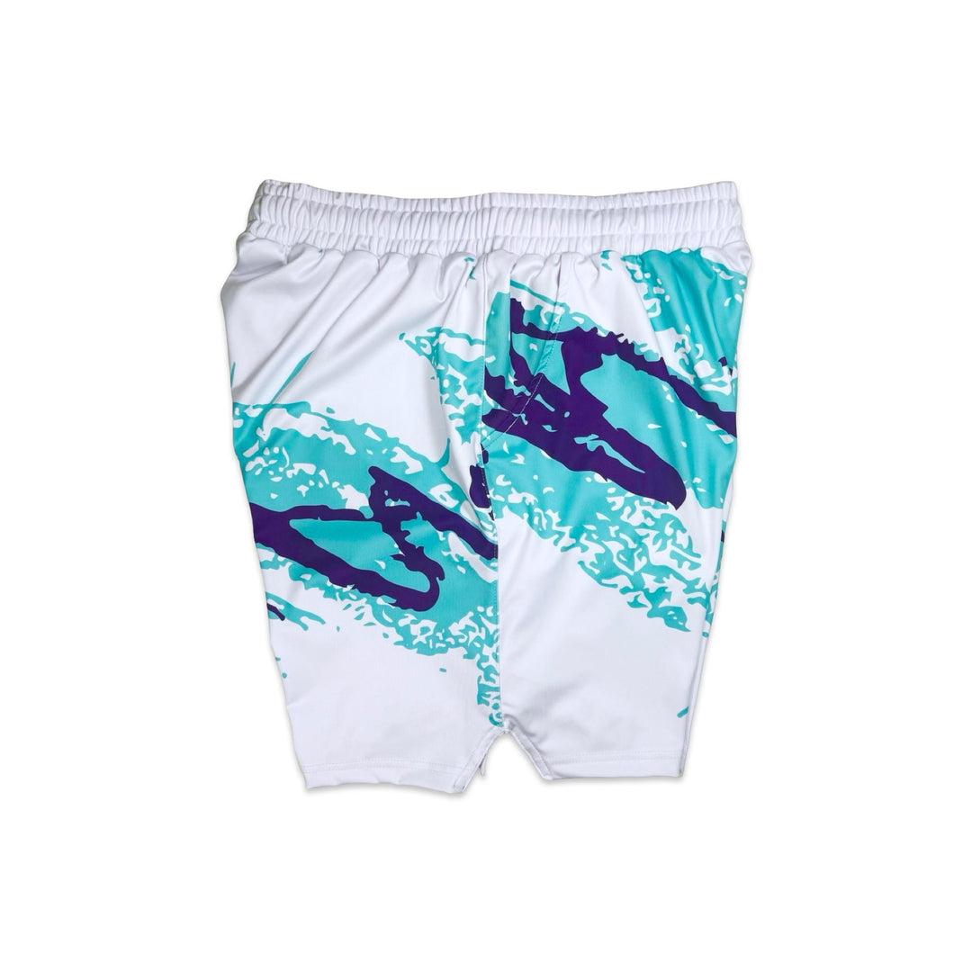 side view of white solo cup art splash soft dry fit basketball shorts on a white background