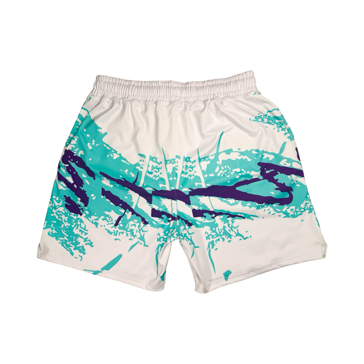 White shorts with blue and purple abstract design on a white background