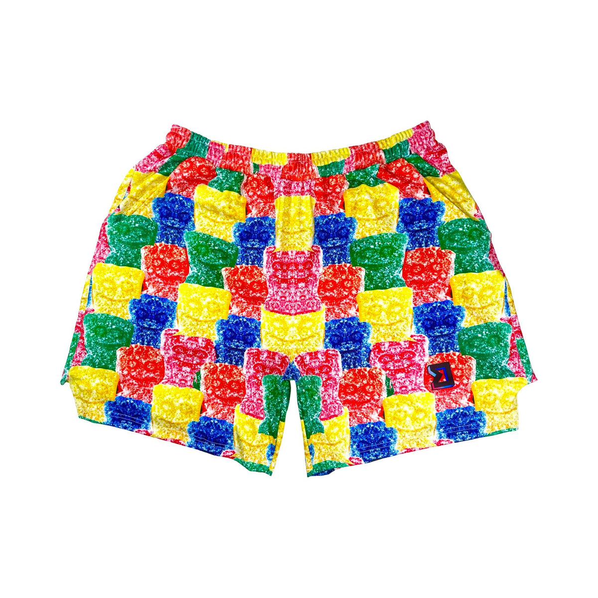 Multicolored soft dry fit basketball shorts with repeating Sour Candy graphic on a white background