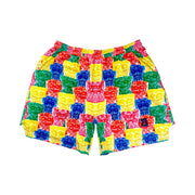 Multicolored soft dry fit basketball shorts with repeating Sour Candy graphic on a white background