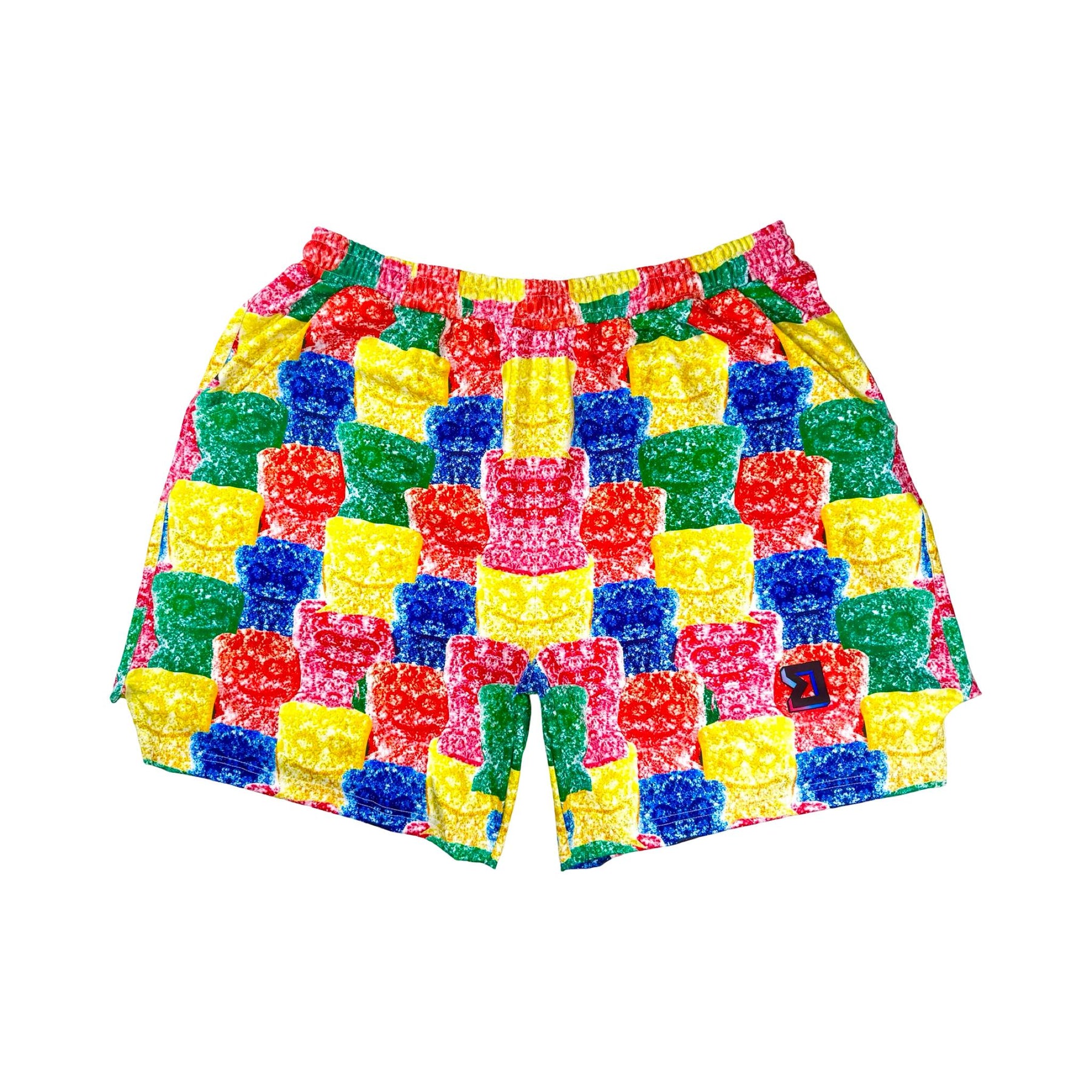 Multicolored soft dry fit basketball shorts with repeating Sour Candy graphic on a white background