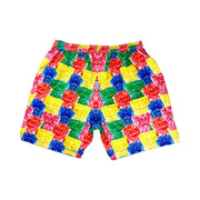 rear view of Multicolored soft dry fit basketball shorts with repeating Sour Candy graphic on a white background