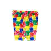 Other side view of Multicolored soft dry fit basketball shorts with repeating Sour Candy graphic on a white background