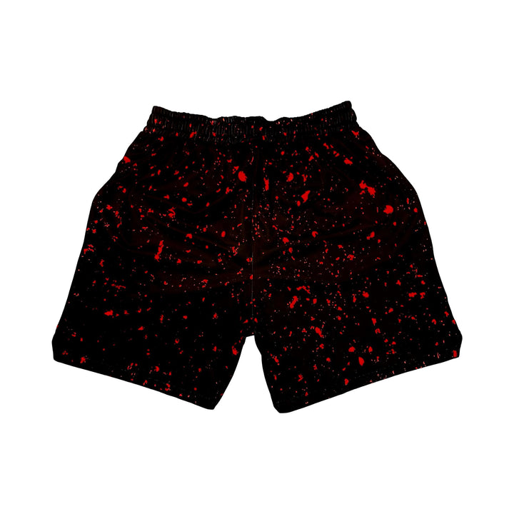 Black soft dry-fit shorts with red speckle pattern on a white background