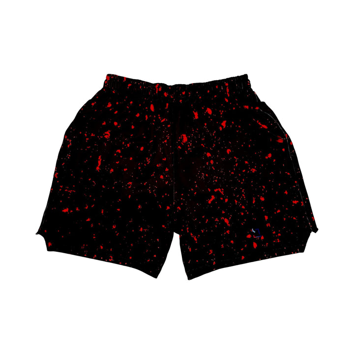 Black soft dry-fit shorts with red speckle pattern on a white background