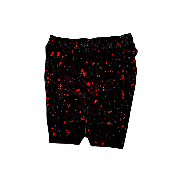Black soft dry-fit shorts with red speckle pattern on a white background