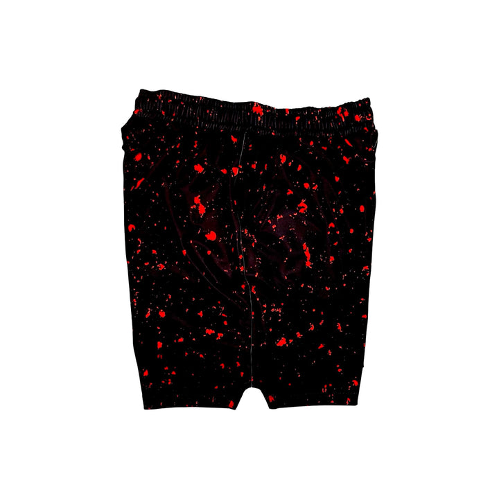 Black soft dry-fit shorts with red speckle pattern on a white background