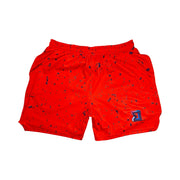 Red soft dry fit basketball shorts with black speckle repeating pattern on a white background