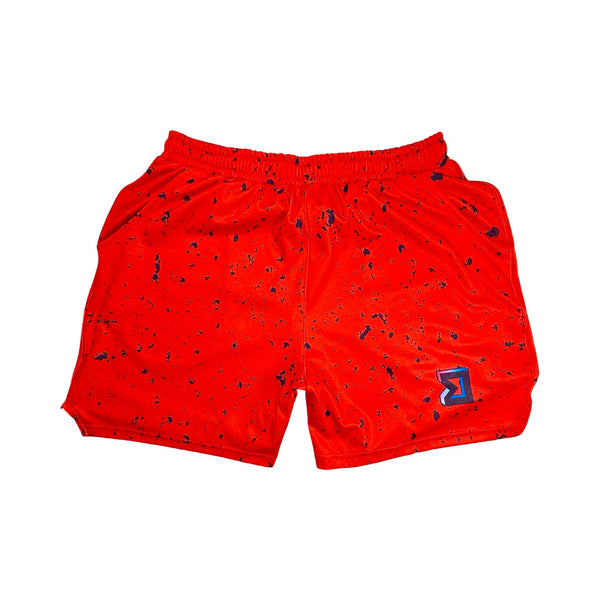 Red soft dry fit basketball shorts with black speckle repeating pattern on a white background