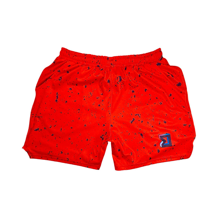 Red soft dry fit basketball shorts with black speckle repeating pattern on a white background