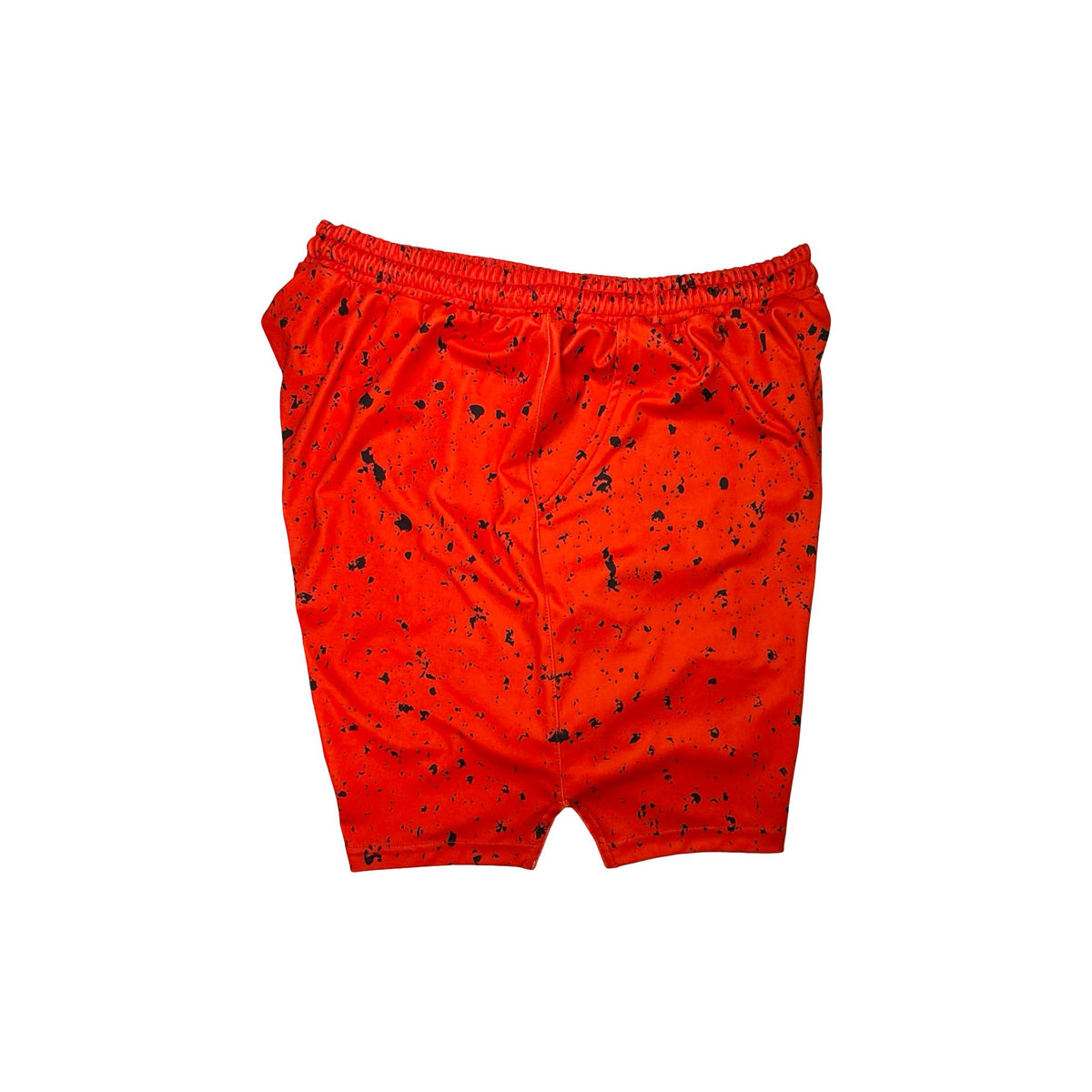 Other side view of Red soft dry fit basketball shorts with black speckle repeating pattern on a white background