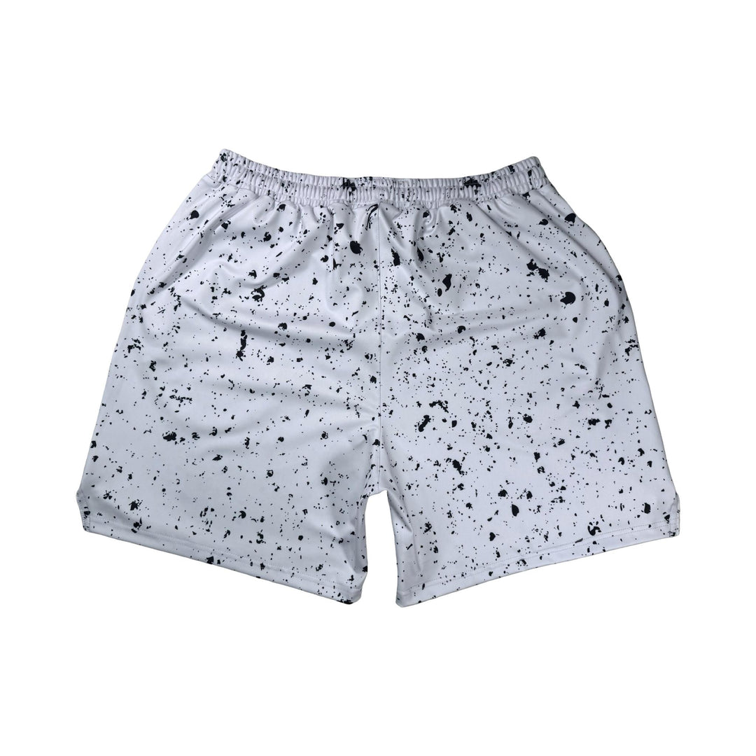 Speckle Soft QD basketball shorts with white/black splatter design. Lightweight, smooth, moisture-wicking  by Trap’N Shorts.
