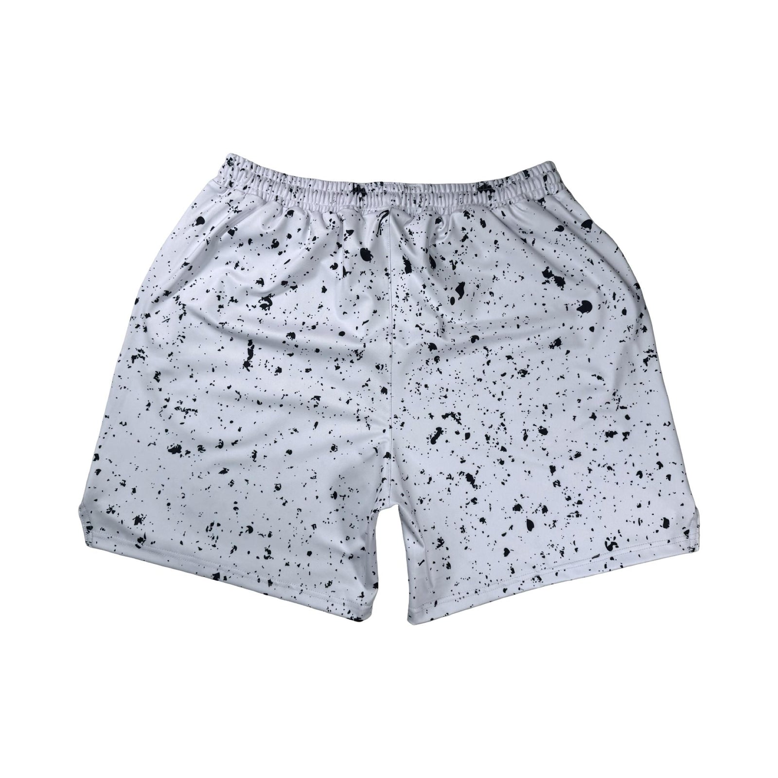 Speckle Soft QD basketball shorts with white/black splatter design. Lightweight, smooth, moisture-wicking  by Trap’N Shorts.