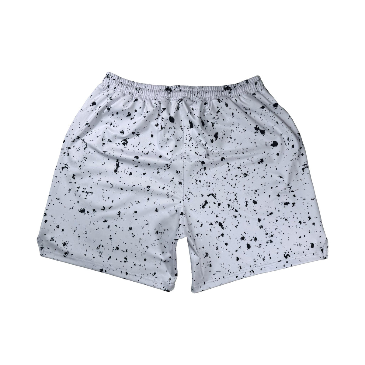 Speckle Soft QD basketball shorts with white/black splatter design. Lightweight, smooth, moisture-wicking  by Trap’N Shorts.