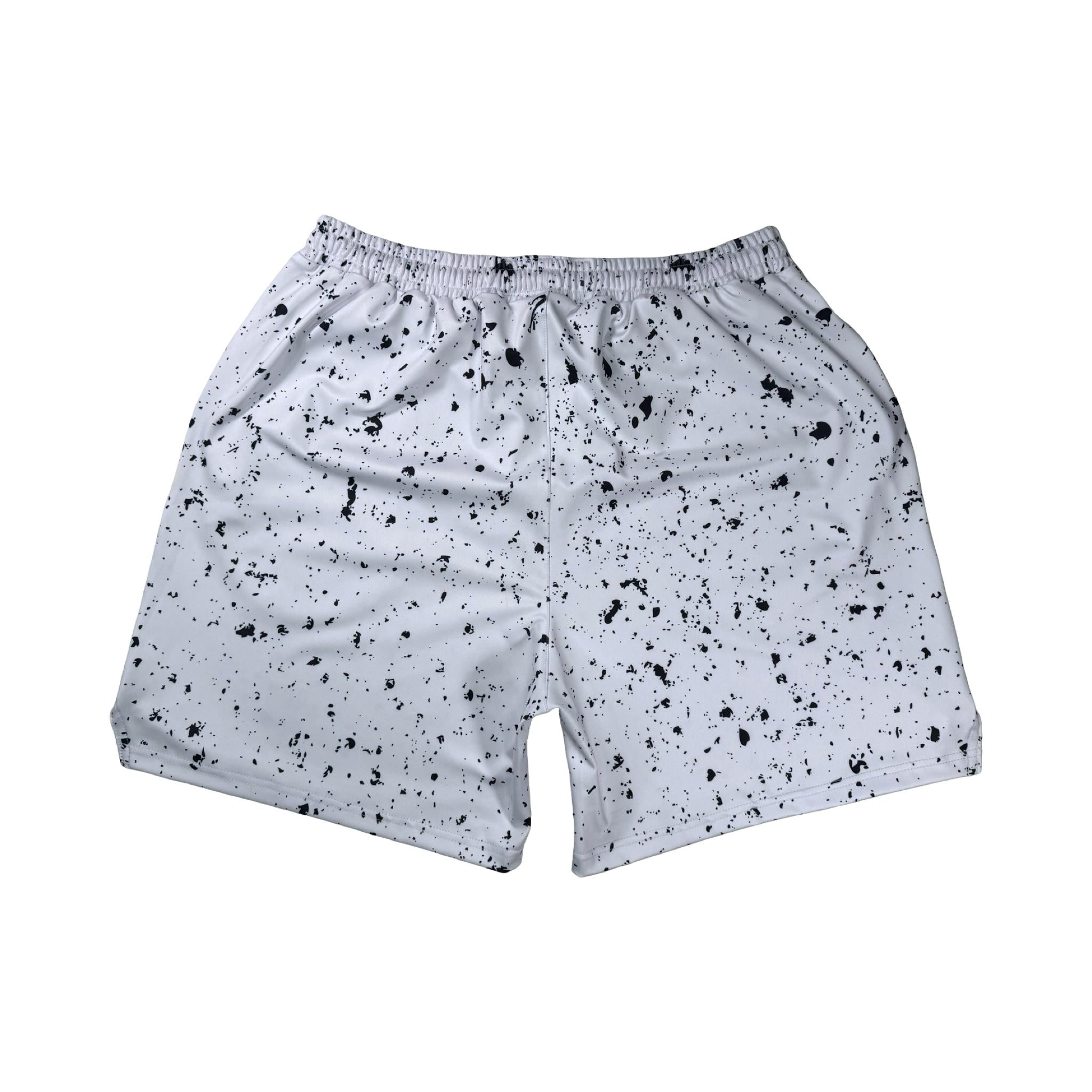 Speckle Soft QD basketball shorts with white/black splatter design. Lightweight, smooth, moisture-wicking  by Trap’N Shorts.