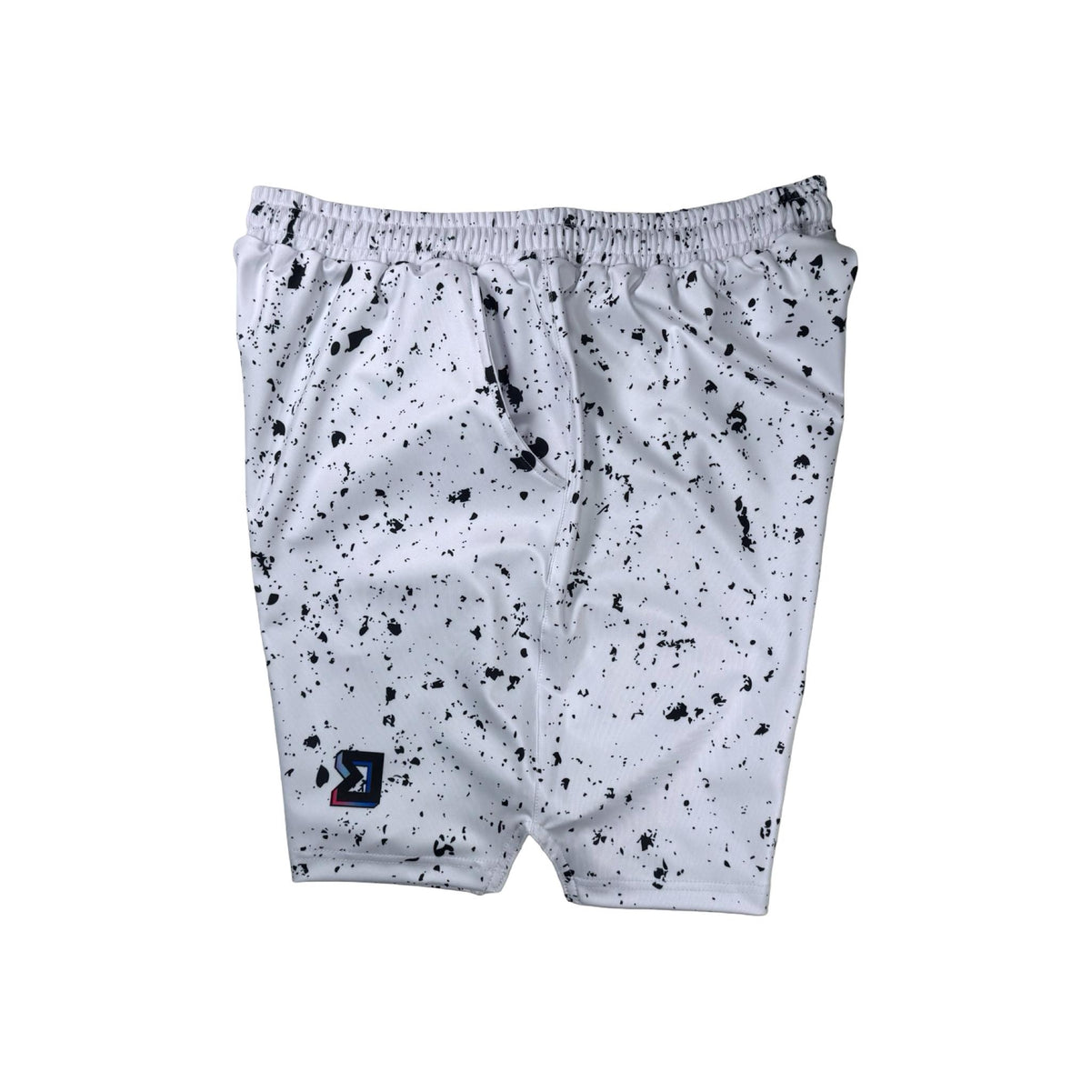 Speckle Soft QD basketball shorts with white/black splatter design. Lightweight, smooth, moisture-wicking  by Trap’N Shorts.