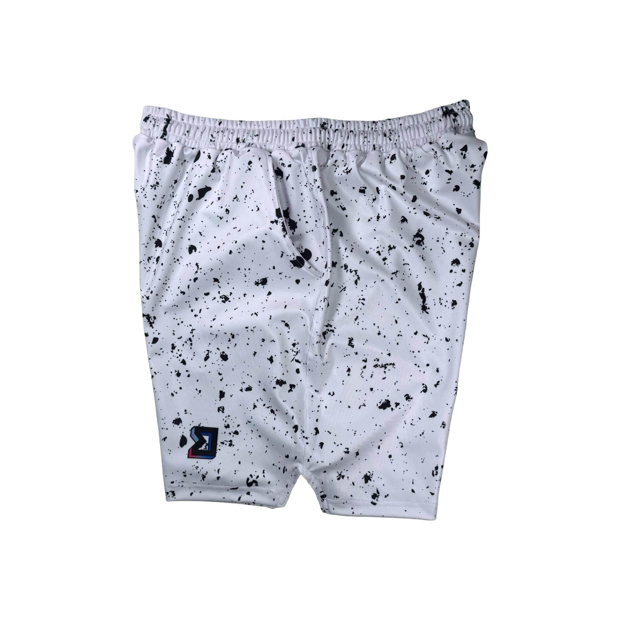 Speckle Soft QD basketball shorts with white/black splatter design. Lightweight, smooth, moisture-wicking  by Trap’N Shorts.