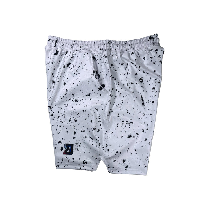 Speckle Soft QD basketball shorts with white/black splatter design. Lightweight, smooth, moisture-wicking  by Trap’N Shorts.