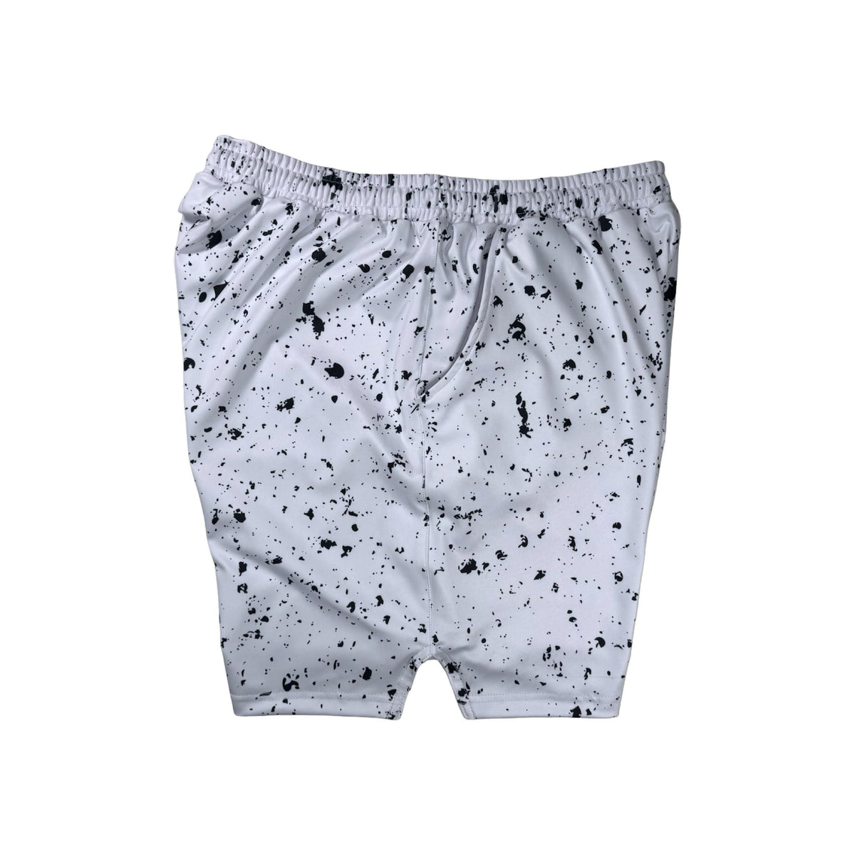 Speckle Soft QD basketball shorts with white/black splatter design. Lightweight, smooth, moisture-wicking  by Trap’N Shorts.