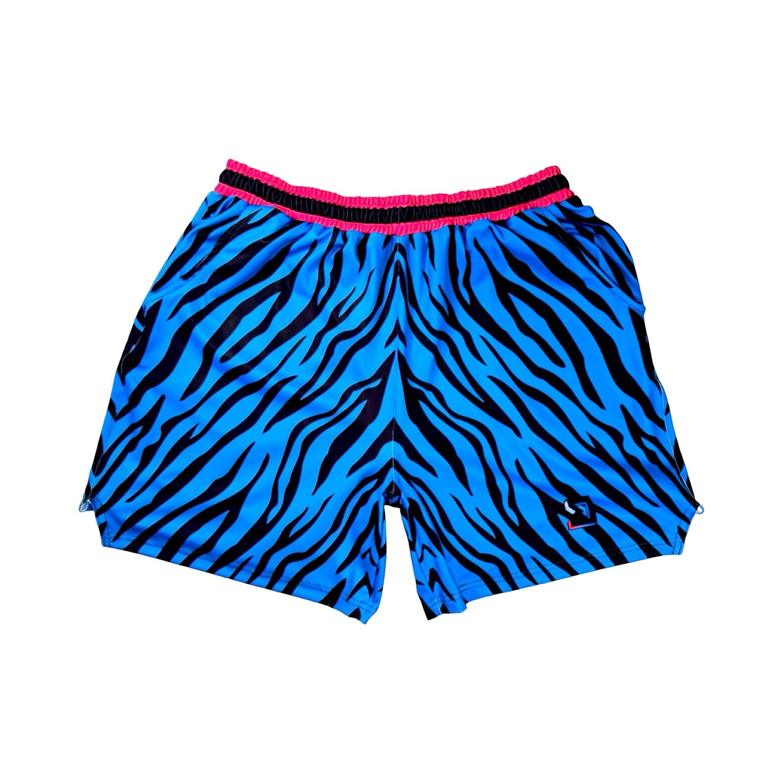 Blue and black zebra pattern shorts with pink waistband on a white background